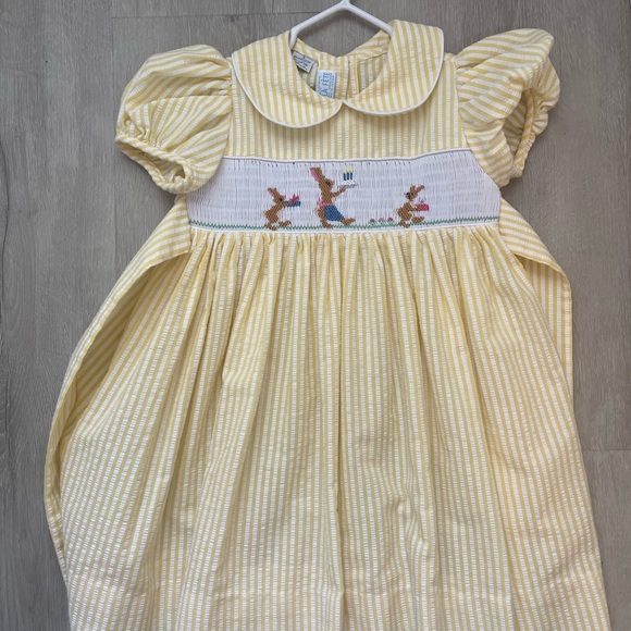 Yellow Striped Smocked Dress with Bunny Embroidery - Picture 1 of 2